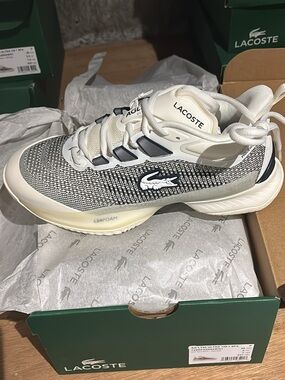 Lacoste White and Blue Knit Tennis Sneakers 🎾